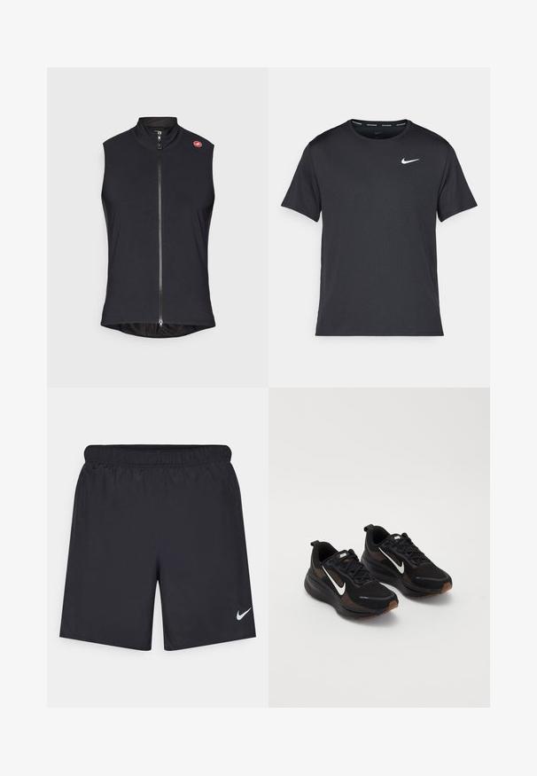 Crna majica bez rukava napravljena od glatkog, rastezljivog materijala s punim prednjim patentnim zatvaračem i visokim ovratnikom; mali logo na lijevom ramenu.; Crna Nike majica za trčanje napravljena od laganog, prozračnog materijala, s kratkim rukavima i malim bijelim logotipom na prsima.; Crne atletske kratke hlače od laganog materijala s elastičnom tačkom. Imaju mali bijeli Nike logo na donjoj lijevoj strani.; Crne atletske tenisice s prozračnom mrežastom gornjom površinom, bijelim Nike potpisom, teksturiranim potplatom i kontrastnim smešnim detaljima. Imaju ojačan petni deo.