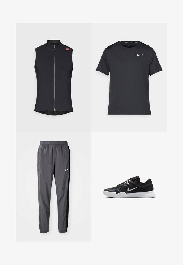 Černá bezrukávová vesta vyrobená z hladké, elastické tkaniny, s plným předním zipem a vysokým límcem; malé logo na levém rameni.; Černé běžecké tričko Nike vyrobené z lehkého a prodyšného materiálu, s krátkými rukávy a malým bílým logem na hrudi.; Nike teplákové kalhoty, vyrobené z lehkého materiálu, tmavě šedé barvy s černými postranními panely. Mají elastický pas a reflexní logo.; Černá atletická bota s texturovaným svrškem, bílým logem Nike a bílou gumovou podrážkou. Disponuje šněrovacím designem a dynamickým tvarem.