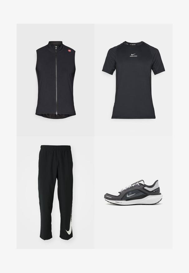 Juodas berankovis liemenė iš lygaus, elastingo audinio, turintis visą priekį užtrauktuką ir aukštą apykaklę; mažas logo kairiajame petyje.; Juodas trumpomis rankovėmis Nike Pro sportinis kompresinis marškinėlis su baltu Nike logotipu, esančiu centre krūtinės.; Juodos sportinės kelnės su elastingu juosmeniu, siaurėjančiu dizainu ir dideliu baltu Nike logotipu ant kairiojo kojos. Minkšta, lengva medžiaga.; Juodas ir pilkas sportinis batelis su tinkleliu viršuje, atspindinčiais akcentais ir balta vidurinė dalimi. Yra tekstūruota guminė išorinė pada ir raišteliai.