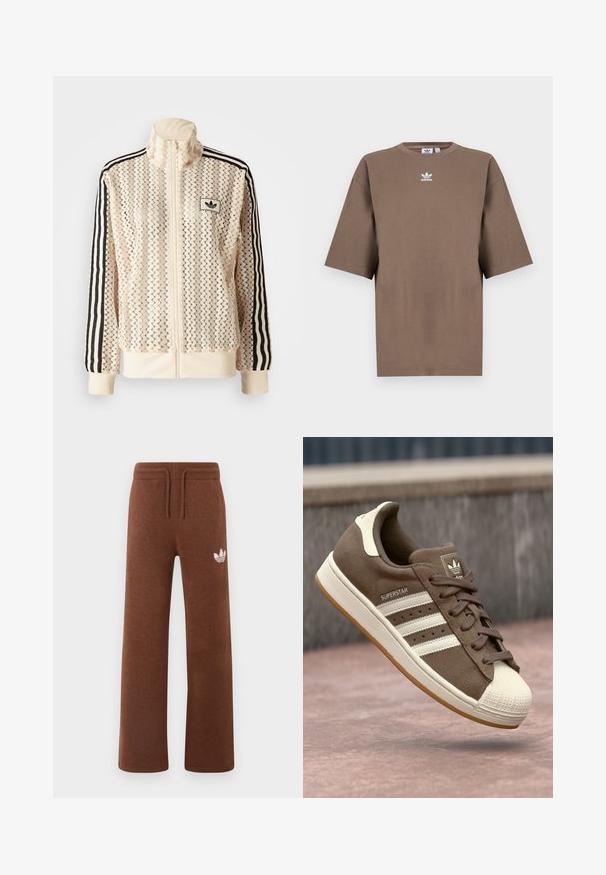 Casaco de fecho éclair de cor clara com um padrão de malha em zigue-zague. Apresenta riscas pretas nas mangas e um logótipo bordado no peito.; T-shirt de algodão castanho com mangas curtas, decote redondo e logo branco da Adidas centrado no peitoral, apresentando um design simples e um corte descontraído.; Calças de moletão castanhas em tecido suave com um corte descontraído, apresentando um cós elástico, cordão ajustável e um logótipo branco na coxa esquerda.; Sapatilha de camurça castanha com riscas brancas, detalhes em creme e biqueira de borracha. Apresenta um design com atacadores e sola de borracha texturizada.