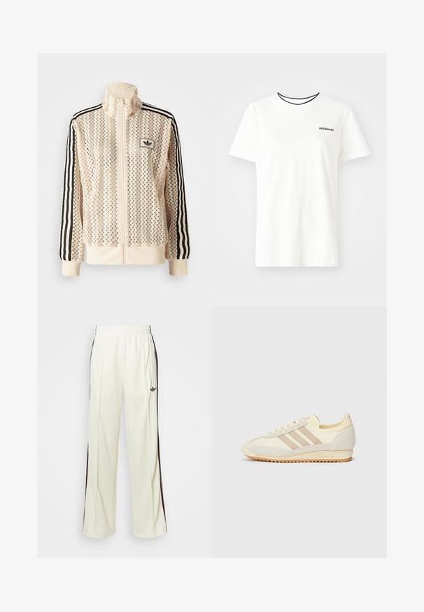 Ανοιχτόχρωμο μπουφάν με φερμουάρ και σχέδιο ζιγκ-ζαγκ από διχτυωτό ύφασμα. Διαθέτει μαύρες ρίγες στα μανίκια και κεντητό λογότυπο στο στήθος.; Λευκό βαμβακερό t-shirt με κοντά μανίκια και στρογγυλή λαιμόκοψη. Διαθέτει ένα μαύρο λογότυπο της Adidas στο στήθος και αντίθετο μαύρο εσωτερικό επίδομα.; Κρεμ παντελόνια φόρμας με χαλαρή γραμμή, διαθέτοντας σκούρες καφέ ρίγες στο πλάι και κεντημένο λογότυπο στο αριστερό μηρό.; Κρέμ αθλητικό παπούτσι με τρία μπεζ λωρίδες, υλικά από σουέτ και ύφασμα, υφασμένη σόλα και ανάγλυφο λογότυπο στη φτέρνα.