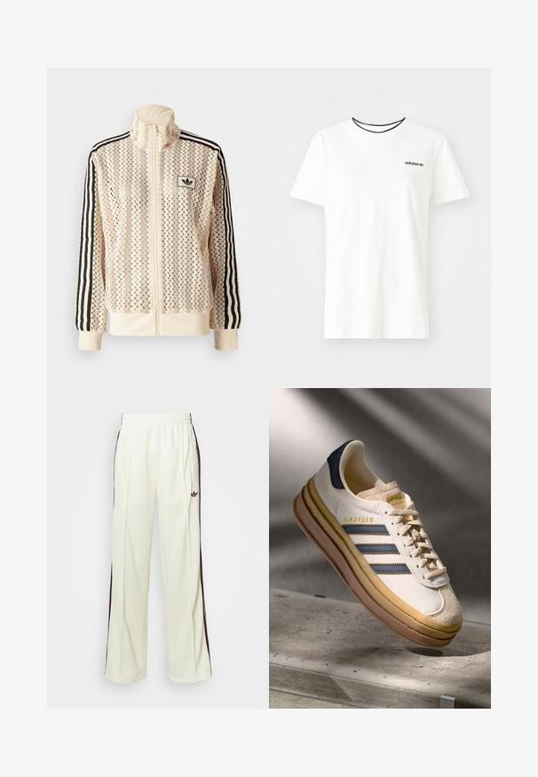 Light-colored zip-up jacket with a zigzag mesh pattern. Features black stripes on sleeves and an embroidered logo on the chest.; White cotton t-shirt with short sleeves and a round neckline. Features a black Adidas logo on the chest and a contrasting black inner collar.; Cream-colored sweatpants with a relaxed fit, featuring dark brown side stripes and an embroidered logo on the left thigh.; Adidas Gazelle sneaker featuring a cream suede upper, blue leather accents, three blue stripes, beige midsole, and brown rubber outsole.