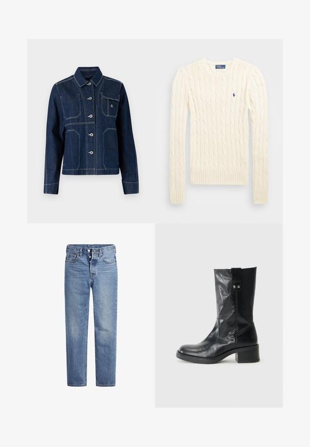 Mörkblå denimjacka med klassisk krage, knäppning framtill och silverdetaljer. Har två bröstfickor och kontrasterande vit sömnad.; Krämfärgad kabelstickad tröja med långa ärmar, ribbade cuffs och nederkant, med en liten broderad logotyp på vänster bröst.; Ljusblå denimjeans med rak skärning, femfickorsdesign och knäppning med knapp. Har subtila blekningar och orangea sömnadsdetaljer.; Svart läderankelskänga med rund tå, en modest staplad klack och en dekorativ sidoflik. Materialet har en slät, blank yta.