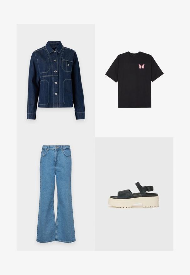 Mørkeblå denimjakke med klassisk krage, knappelukking og sølvfarge detaljer. Har to brystlommer og kontrastfarget hvitt søm.; Svart bomulls T-skjorte med korte ermer, med en liten rosa sommerfugl grafikk på venstre bryst. Crew-neck design med en avslappet passform.; Lyseblå vide jeans laget av denim, med høyt liv, fem lommer og en enkelt knappelukking. Myk tekstur med falmet finish.; Sorte semsket platåsandaler med en kraftig hvit såle, bred fremre stropp og justerbar ankelspenne. Teksturert yttersåle for godt grep.