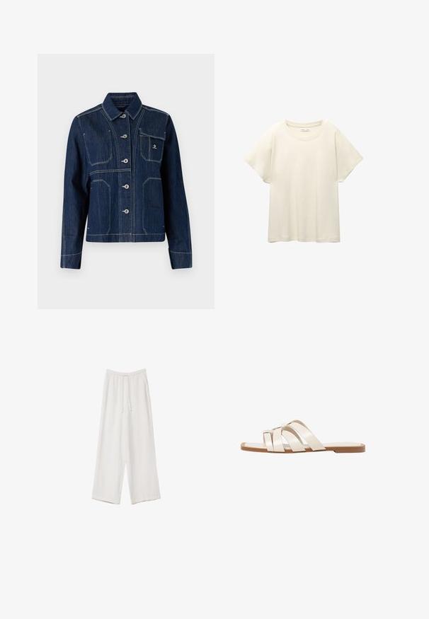 Mörkblå denimjacka med klassisk krage, knäppning framtill och silverdetaljer. Har två bröstfickor och kontrasterande vit sömnad.; Ljus beige kortärmad t-shirt med rund halsringning, tillverkad av mjuk, slät tyg. Har en avslappnad passform och rak nederkant.; Vita vida byxor i vid passform gjorda av ett lättviktsmaterial. Har en elastisk midja med dragsko och sidofickor. Slät textur.; Platta sandaler med en brun gummisula, designade med tre överlappande vita läderspännen och en liten rosett i mitten.