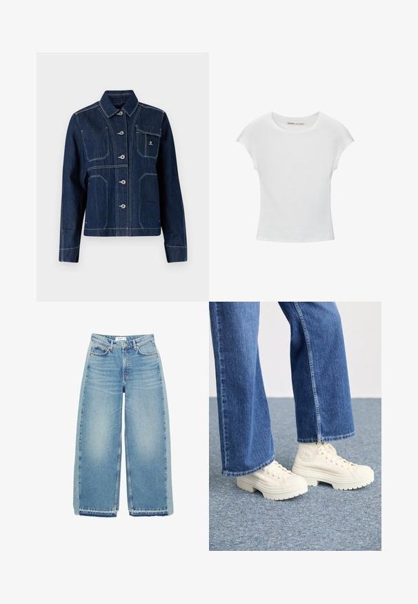 Tamno plavi traper jakna s klasičnom ovratnikom, dugmadi na zatvaranju i srebrnim detaljima. Ima dva džepa na grudima i kontrastno bijelo šivanje.; Bijela pamučna majica s okruglim izrezom, kratkim rukavima i prilagodljivim krojem. Glatka tekstura bez uzoraka ili ukrasa.; Svijetloplave široke traperice napravljene od denima, s visokim strukom, kopčanjem na dugme, prednjim džepovima i sirovim rubom.; Bijele visoke tenisice sa debelim, rebrastim đonovima i kružnim logom, nošene uz svijetloplave široke traperice.