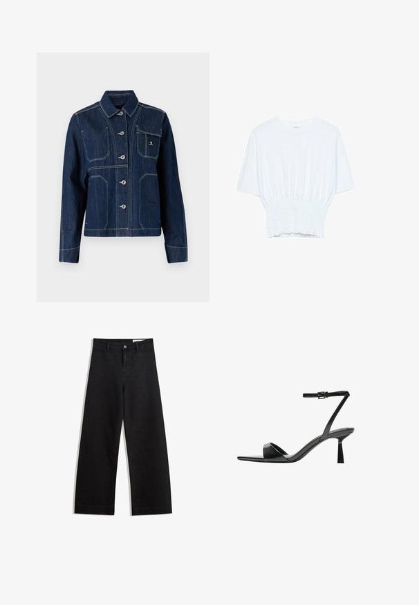 Temno moder jeans jakna s klasičnim ovratnikom, gumbom in srebrnimi dodatki. Ima dva žepa na prsih in kontrastno belo šivanje.; Bela majica s kratkimi rokavi sproščenega kroja in z gubanim materialom na pasu. Narejena iz mehkega, lahkega blaga.; Črne široke denim hlače z visokim pasom, ki imajo sprednje in zadnje žepe, šivane šive ter gumbasto zapiranje. Gladka tekstura.; Bershka Sandali z visoko peto - black