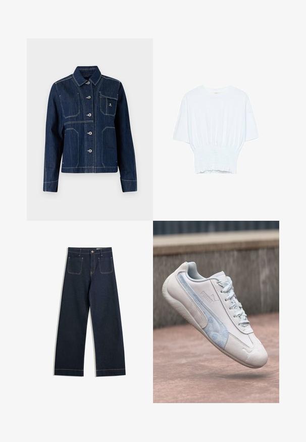 Tummansininen farkkutakki, jossa on klassinen kaulus, napitus ja hopeanväriset yksityiskohdat. Takissa on kaksi rintataskua ja kontrastivalkoista tikkausta.; Valkoinen lyhythihainen t-paita, jossa on rento leikkaus ja frillattu tekstuuri vyötäröllä. Valmistettu pehmeästä, kevyestä kankaasta.; Tummansinisiä leveälahkeisia farkkuja, joissa on vaaleanruskeat tikkaukset, kaksi takataskua ja napitus vyötäröllä.; Valkoiset tennarit, joissa on sileä nahkapinta, sininen yksityiskohta sivussa ja teksturoitu yksityiskohta sivupaneelissa. Malleissa on nauhat ja kumipohja.