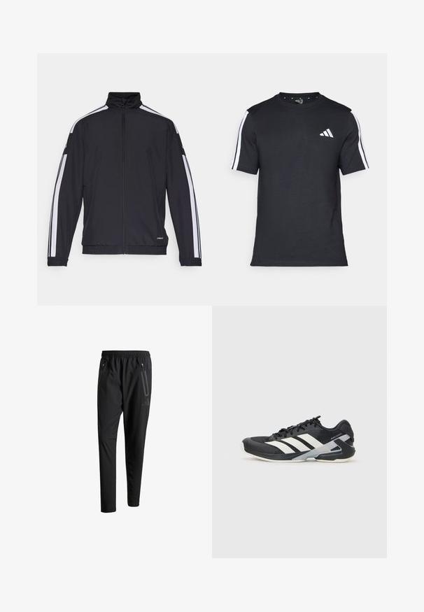 Zwarte sportjack met een hoge kraag, ritssluiting en witte zijstrepen. Beschikt over elastische manchetten en een logo op de zoom. Lichtgewicht materiaal.; Zwarte T-shirt van katoen met korte mouwen, met witte strepen op de schouders en een wit logo op de linkerkant van de borst.; Zwarte sportbroeken met een elastische tailleband, twee ritszakken aan de zijkant, taps toelopende pijpen en een subtiele logo-detail op de heup.; Zwarte sportschoen met witte strepen, bovenwerk van mesh, ronde neus en geveerde zool. Heeft een getextureerde hak en een veilig vetersysteem.