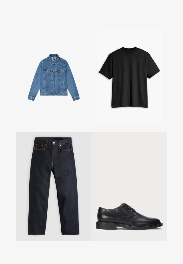 Jeansjacka med ljusblå tvätt, klassisk skärning, spetsig krage, guldknappslås och två bröstfickor med dekorativa sömmar.; Svart bomullströja med rund hals och korta ärmar. Har en diskret logotyp fram och en rak nederkant. Enkelt och minimalistiskt design.; Långärmad skjorta med knappar i beige och svart rutigt mönster med krage och bröstficka på enfärgad bakgrund.; Mörkblå denimjeans med rak passform, fem fickor, kontrasterande orange sömmar och knappgylf. Inga synliga mönster eller dekorationer.; Svart läderklänningsko med rund tå, snörning och låg staplad klack. Slät yta med minimala sömdetaljer.