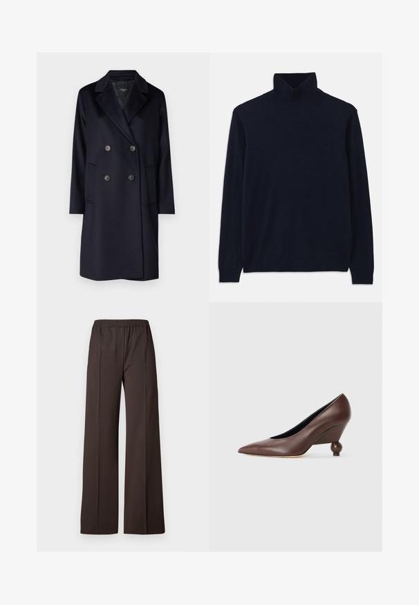 Weekend Max Mara ZUM - Klassischer Mantel - blu; Marineblauer Rollkragenpullover mit langen Ärmeln, hergestellt aus weichem Strickmaterial. Verfügt über einen gerippten Kragen und Bündchen, mit einem schlichten Design und ohne Muster.; Weite Hosen aus dunkelbraunem Stoff mit einem elastischen Taillenbund, die eine glatte Textur und klare Linien für einen eleganten Look aufweisen.; Braune Leder-Wedge-Pumpe mit spitzem Zeh und runder, ballförmiger Ferse. Glatte Textur mit einem schlichten Design und minimalen Akzenten.