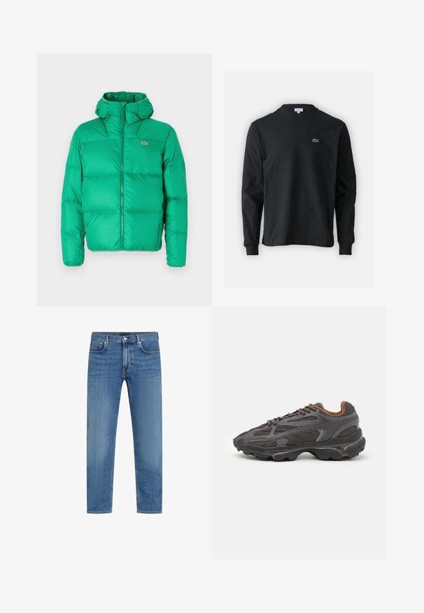 Πράσινη φουτουριστική τζάκετ με κουκούλα, που διαθέτει κλείσιμο με φερμουάρ, επενδυμένο σχέδιο και υπογραφή λογότυπο στο αριστερό στήθος. Λείο, γυαλιστερό υλικό.; Μαύρο μπλουζάκι με μακριά μανίκια από βαμβάκι, με στρογγυλή λαιμόκοψη και μικρό πράσινο κεντητό λογότυπο κροκοδείλου στην αριστερή πλευρά του στήθους.; Μπλε τζιν παντελόνι με ίσια γραμμή, πέντε τσέπες, κουμπί και φερμουάρ, και διακριτική φθορά στους μηρούς.; Αθλητικά παπούτσια Lacoste σε σκούρο γκρι χρώμα, κατασκευασμένα από διχτυωτό και συνθετικό υλικό, με ελαστική σόλα και καφέ λεπτομέρειες στον γιακά και στο branding.