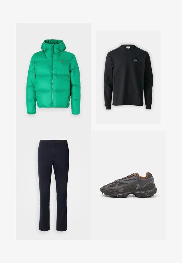 Zelena puhovka s kapuco, z zadrgo, prešitimi detajli in značilnim logotipom na levi prsni strani. Gladek, sijoč material.; Črna dolgi rokavi majica iz bombaža, z okroglim ovratnikom in majhnim zelenim vezenim logotipom krokodila na levem prsnem delu.; Mornarsko modre hlače iz gladkega blaga, z ravnim krojem, z zankami za pas in gumbom za zapiranje s svetlico.; Lacoste teniske v temno sivi barvi z mrežasto in sintetično prevleko, s teksturiranim podplatom in rjavimi detajli na ovratniku ter blagovni znamki.