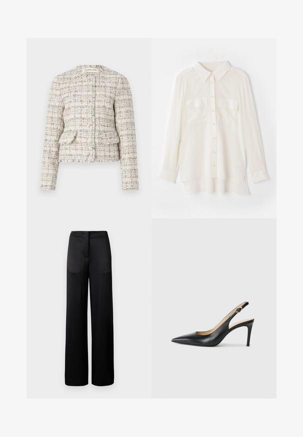 Blazer de tweed texturizado en crema y negro con escote redondo, cierre de botón y dos bolsillos frontales. Con bordes deshilachados y diseño ajustado.; Camisa blanca con botones, hecha de tejido ligero. Cuenta con un cuello clásico, dos bolsillos en el pecho y un dobladillo trasero ligeramente más largo.; Pantalones negros de pierna ancha con una superficie texturada, que cuentan con una cintura plana y dos bolsillos laterales. La tela parece ligera y fluida.; Tacones altos negros de cuero con tirantes, punta afilada, correa ajustable y un elegante tacón de aguja, con un acabado suave.