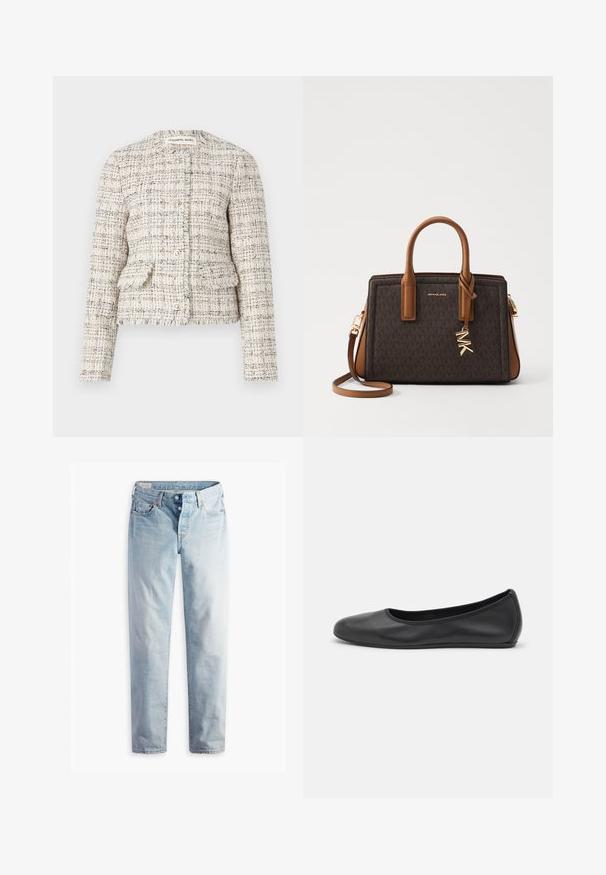 Kremowa i czarna, teksturowana marynarka z tweedu z okrągłym dekoltem, zapięciem na guziki i dwoma przednimi kieszeniami. Postrzępione krawędzie oraz dopasowany fason.; Biała bluzka z dekoltem w serek, plisowanym przodem i rękawami o długości trzy czwarte z puffem. Wykonana z lekkiego materiału o miękkiej teksturze.; Jasnoniebieskie dżinsy o prostym kroju nogawki, z dwiema kieszeniami z przodu i dwiema z tyłu. Posiadają zapięcie na dwa guziki i subtelne przeszycia.; Czarne skórzane baletki z zaokrąglonym noskiem, gładką fakturą, minimalnymi przeszyciami i elastycznym designem podeszwy.; MICHAEL Michael Kors LAILA brązowy