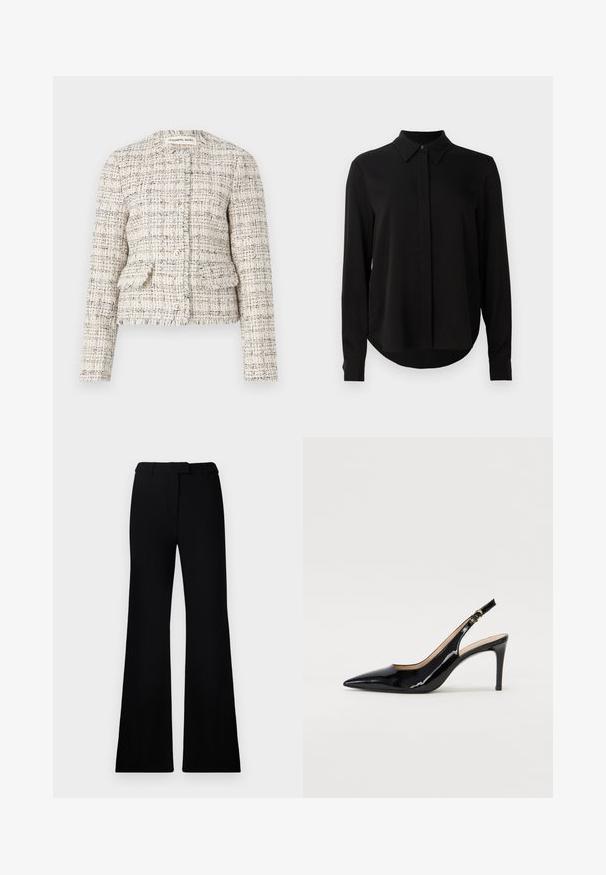 Kremovo-čierny textúrovaný žakárový blazer s okrúhlym výstrihom, zapínaním na gombíky a dvoma prednými vreckami. Nerovné okraje a priliehavý strih.; Čierna blúzka s dlhým rukávom, špicatým golierom, skrytou gombíkovou légou a zakriveným lemom na jasne bielom pozadí.; Čierne rozšírené nohavice s hladkou textúrou, prispôsobeným pásom a prednými vreckami, navrhnuté s elegantnou, modernou siluetou.; Čierne lakované kožené slingback lodičky s špicatou špičkou, štíhlým podpätkom a jemným výrezom. Obsahuje zlatú pracku na remienku.