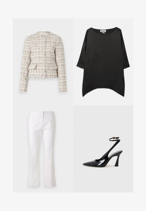 Crème en zwarte getextureerde tweed blazer met een ronde hals, knoopsluiting en twee voorkeurs. Gescheurde randen en slim fit ontwerp.; Zwarte oversized blouse met een ronde halslijn, driekwart mouwen en een vloeiende, gestructureerde stof. Heeft een gebogen zoom en een minimalistisch ontwerp.; Witte uitlopende broek gemaakt van lichtgewicht stof. Beschikt over een vlakke voorkant met een ritsluiting en een gladde textuur. Eenvoudig en schoon ontwerp.; Zwarte gepatenteerde leren slingback pumps met een spitse neus, verstelbare enkelband en een gematigd blokhak. Gladde textuur met een glanzende afwerking.