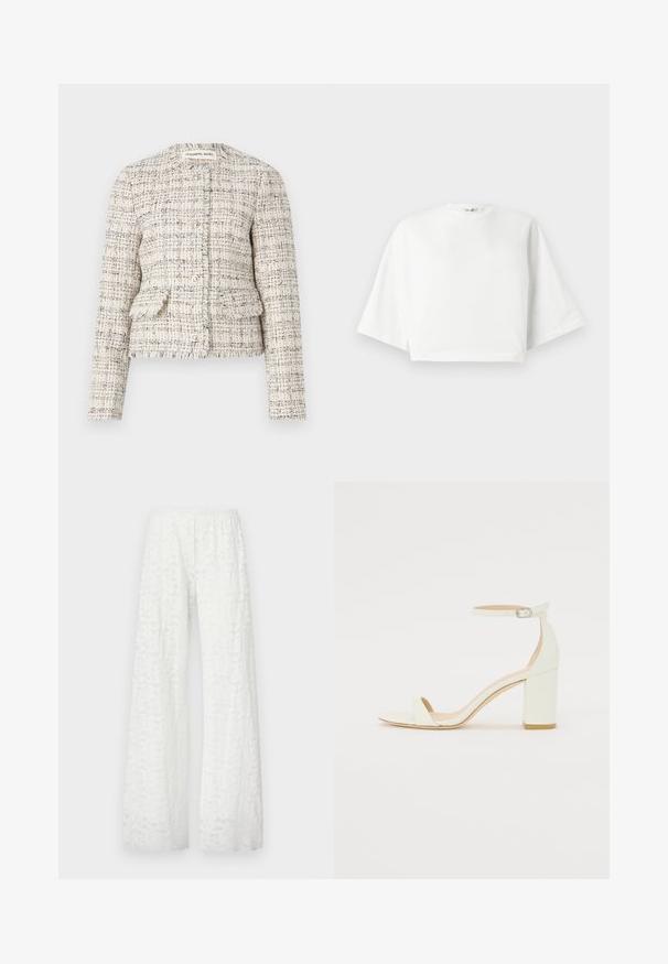 Blazer de tweed texturizado en crema y negro con escote redondo, cierre de botón y dos bolsillos frontales. Con bordes deshilachados y diseño ajustado.; Camiseta blanca corta con ajuste relajado, mangas cortas y anchas, escote redondo y aberturas laterales, hecha de suave material de algodón.; Pantalones blancos de pierna ancha con cintura elástica, con un patrón de encaje floral texturizado en toda la tela.; Sandalía de tacón bloque blanca de piel, con una correa en el tobillo que presenta una hebilla y un diseño minimalista. Punta abierta y texturas suaves en toda la superficie.
