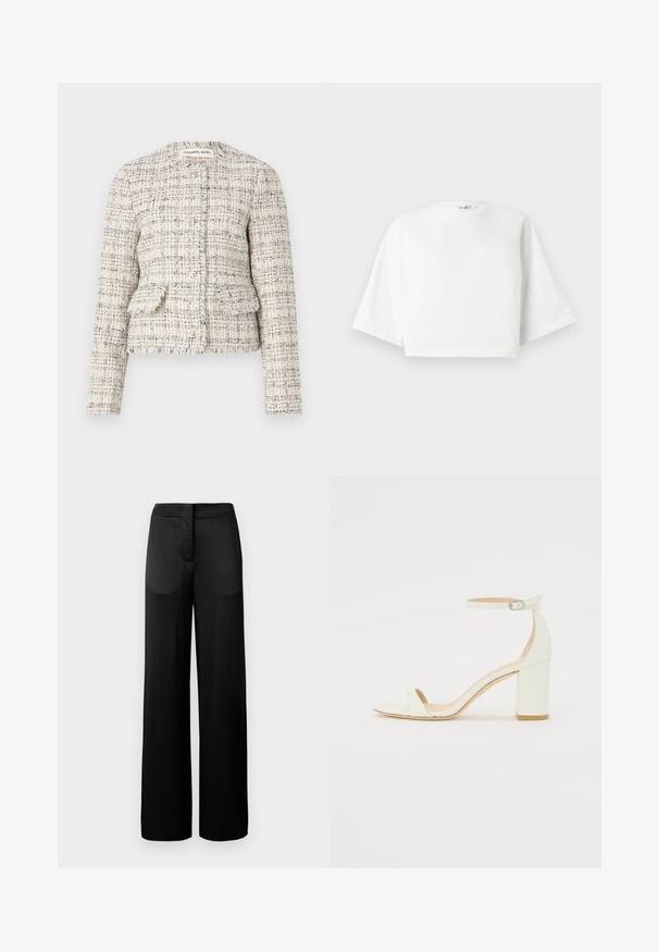 Kermesin ja mustan tekstuurin omaava tweed-puku, jossa on pyöreä kaula-aukko, nappikiinnitys ja kaksi etup pockets. Repaleiset reunat ja napakka malli.; Valkoinen lyhythihainen t-paita, jossa on rento istuvuus, leveät lyhyet hihat, pyöreä pääntie ja sivuhalkiot, valmistettu pehmeästä puuvillamateriaalista.; Lantio leveämustat housut, joissa on teksturoitu pinta. Niissä on litteä vyötärö ja kaksi sivutaskua. Kangas näyttää kevyeltä ja valuvalta.; Valkoiset nahkaiset tukikorkosandaalit, joissa on nilkkahihna soljella ja minimalistinen muotoilu. Avoin varvas ja sileät pinnat koko kengässä.