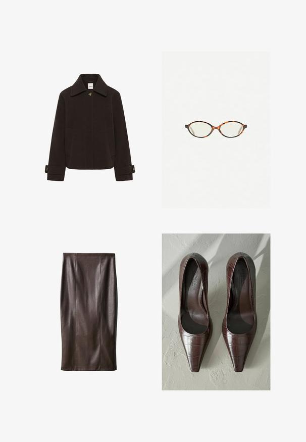 Mørkebrun uldjakke med spids krave, frontknaplukning, to sidelommer og manchetter med knapper til justering.; Mørkebrun kortærmet t-shirt med rund hals, enkel design med ribbet krave, mærket Massimo Dutti ved kraven.; Brun læderblyantskørt med en glat tekstur, knælangt, med vertikale sømme for design. Ingen yderligere hardware eller accenter.; Brune patenterede læderhøjhælede sko med spids tå, med krokodillestruktur og glat inderside. Designet til et slankt udseende.; Skildpaddebriller med ovale linser og en elegant, glat finish. Har tynde sider med en subtil kurve ved tindingerne. Klare linser.; Sort læderhåndtaske i rund form, med to lange håndtag, guldfarvet hardware og et lille mærke vedhæftet. Lynlåslukning på toppen.
