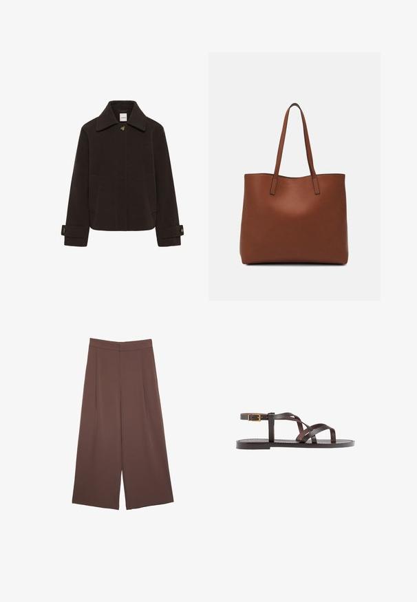 Mørkebrun uldjakke med spids krave, frontknaplukning, to sidelommer og manchetter med knapper til justering.; Brun kortærmet t-shirt lavet af blødt stof, med rund halsudskæring og afslappet pasform. Ingen synlige mønstre eller detaljer.; Brune bredbunde bukser med en glat tekstur, der har høj talje og plisseringer foran. Stoffet er let og falder løst.; Brune lædersandal med krydsende stropper, ankelspænde og en flad sål med minimale syninger.; Brun læder tote taske med en glat overflade, åben topdesign og to skulderremme. Har minimal syning og ingen synlig hardware.