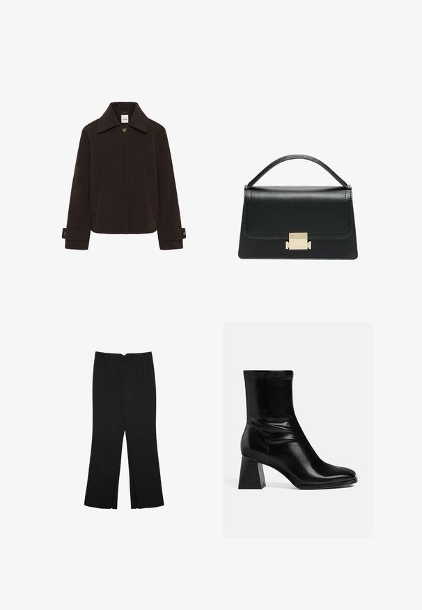 Tummanruskea villatakki, jossa on terävä kaulus, etuosan napitus, kaksi sivutaskua ja hupun yläosassa nappikoristelu säätöä varten.; Mustat pitkät hihat lyhyt toppi, jossa on pyöreä kaula-aukko, yksinkertainen muotoilu ja hieman kaareva helma.; Mustat housut suoralinjaisella leikkauksella, joissa on etutaskut ja sivurei'ät helman alla. Valmistettu pehmeästä ja sileästä kankaasta. Sopii eri tilaisuuksiin.; Mustat nahkaiset nilkkurit, joissa on sileä pinta, neliön muotoinen kärki ja teksturoitu palikkakorko. Ominaisuuksiin kuuluu joustava nilkkasuunnittelu ja näkyvät ompeleet.; Musta nahkakäsilaukku, jossa on jämäkkä muotoilu, yläkahva ja kultainen metallisolki edessä. Sujuva pinta, minimaalinen ompelu.