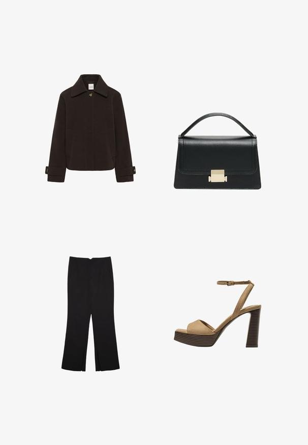 Donkerbruine wollen jas met een puntige kraag, een sluiting met knopen aan de voorkant, twee zijzakken en manchetten met knoopaccenten voor aanpassing.; Zwarte lange mouwen cropped top met ronde halslijn, eenvoudige ontwerp en een licht gebogen zoom.; Zwarte broek met een rechte pasvorm, voorzien van zijzakken en plooien aan de onderzijde. Gemaakt van zachte, gladde stof. Geschikt voor verschillende gelegenheden.; Beige suède hoge hakken sandalen met een brede voorband en enkelband, met een dikke houten blokhak met een gestructureerde afwerking.; Zwarte lederen handtas met een gestructureerd ontwerp, bovenhandgreep en een gouden metalen sluitingdetails aan de voorkant. Gladde textuur, minimale stiksels.