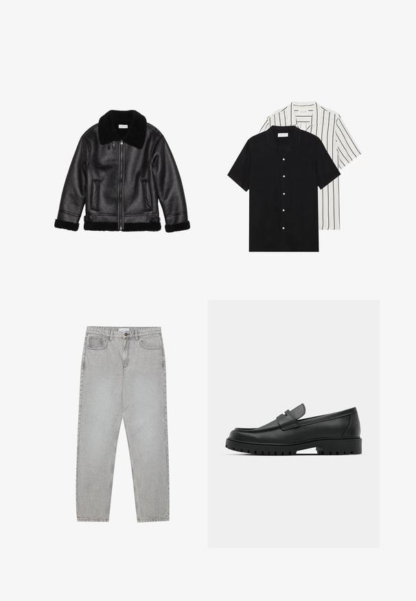 Svart skinnjakke med saueskinnskrage, glidelås, teksturert stoff, to frontlommer og saueskinnsdetaljer på mansjettene og nederkanten.; To korte ermer skjorter: en i ensfarget svart, en hvit med svarte vertikale striper. Begge har knappelukkinger og klassisk krage.; Lys grå denimbukser med rett ben-design, fem lommer og knappelukking. Synlig søm langs sømmene.; Sorte lærloafere med rund tå, med en syddesign, lav plattformsåle og en teksturert, ruggede gummisåle.