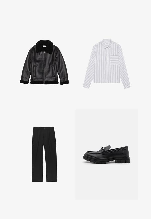 Sort læderjakke med en uldkrave, lynlåslukning, tekstureret stof, to forlommer og ulddetaljer på ærmerne og kanten.; Hvid skjorte med knapper og tynde grå lodrette striber. Har en patch-lomme på venstre side, klassisk krave og lange ærmer.; Sorte bukser med lige ben, lavet af et glat stof. Har frontfolder og en enkelt knaplukning i taljen.; Sort læderloafer med rund tå, en dekorativ rem og hardware, samt en chunky tekstureret sål. Glat finish med subtile detaljer.