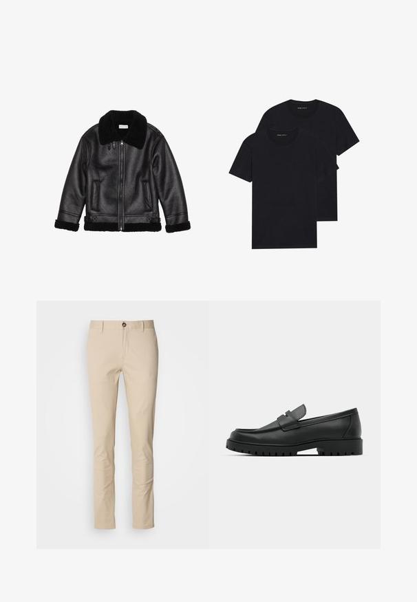 Veste en cuir noir avec un col en shearling, fermeture éclair, tissu texturé, deux poches avant et des accents en shearling aux poignets et à l'ourlet.; Deux t-shirts noirs à col rond empilés. Fabriqués en coton doux, à manches courtes, avec un design simple et sans motifs ni embellissements visibles.; Pantalon en coton beige avec une coupe slim, doté d'une fermeture à bouton, d'une texture subtile et de poches standard. Design uni, sans motifs ni accents.; Mocassins en cuir noir à bout arrondi, avec un design cousu, une semelle plateforme basse et une semelle en caoutchouc texturée et crantée.