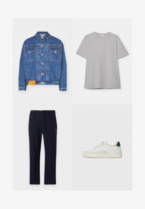 Bally Veste en jean - denim; T-shirt gris à manches courtes fabriqué en tissu doux et texturé. Présente un col rond classique et un ourlet droit, idéal pour une tenue décontractée.; Pantalons navy à coupe décontractée, avec une taille à cordon de serrage et des poches latérales. Tissu lisse avec de légères plis à l'avant et un détail de logo.; Baskets blanches avec des accents en daim, bout arrondi, lacets plats et semelle en caoutchouc crème. Présente une marque verte sur le talon.