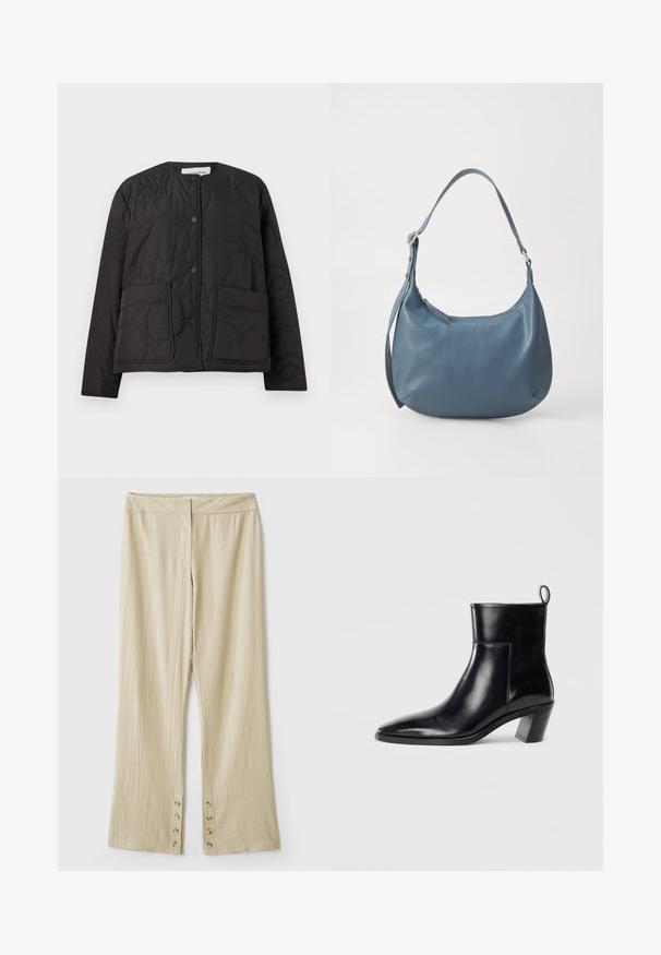 Tűzött fekete dzseki kerek nyakkivágással, patentos záródással és két elülső zsebbel. Jellemzője a texturált, virágmintás nyomás a szöveten.; Sötét olíva zöld, kabelkötött, cipzáras kardigán. Bordás gallérral, texturált mintázattal és ezüst cipzárral rendelkezik.; Fehér pamut póló rövid ujjakkal, kerek nyakkivágással és laza szabással. Sima textúra, nincsenek minták vagy díszítések, minimalista dizájn.; Bézs színű, bő szárú nadrág, texturált anyagból. Lapos derékrésszel és öt gombbal rendelkezik az alján a zárás érdekében. Gyűrött dizájn.; Fekete bőr bokacsizma hegyes orral, geometrikus, rétegelt sarokkal és hátsó húzófüllel. Sima textúra és kifinomult dizájn.; Kerekded formájú, kék bőr kézitáska, egyetlen vállpánttal, cipzárral záródik, az elülső részen domborított márkanevével. Simák a textúrája.