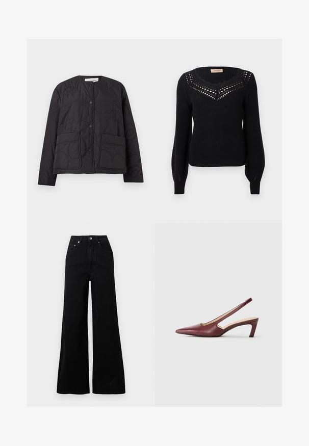 Quiltet sort jakke med rund halsudskæring, trykknaplukning og to forlommer. Har et struktureret, blomsterpræget reliefmønster på stoffet.; Sort sweater med ribbet tekstur, bølget udskæring og hulmønster ved brystet. Lange ærmer og tætsiddende talje.; Sorte jeans med vide ben lavet af denim, med høj talje, fem lommer, knaplukning foran og minimal syning.; Bordeaux slingback hæle med spids tå, udskæringsdetaljer på siden og en midt-høj blokhæl. Glat læderfinish.