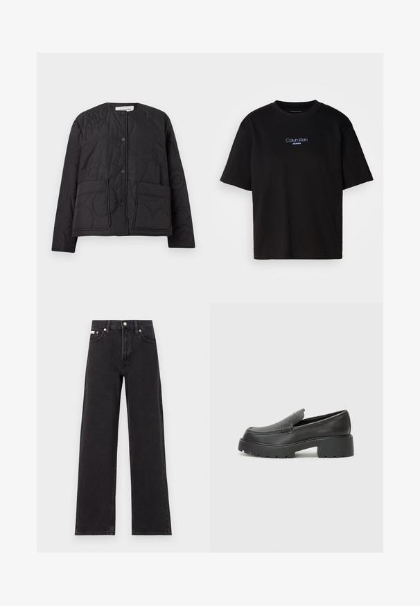 Pletená čierna bunda s okrúhlym výstrihom, zapínaním na patentky a dvoma prednými vreckami. Má textúrovaný, kvetinový vzor zalisovaný do látky.; Čierne bavlnené tričko s okrúhlym výstrihom, krátkymi rukávmi a modrým vyšívaným logom "Calvin Klein JEANS" na prednej strane.; Čierne široké džínsy vyrobené z denimu, s vysokým pásom, piatimi vreckami a kovovým zapínaním s kontrastným šitím.; Čierne kožené mokasíny s okrúhlou špičkou, hrubou textúrovanou podrážkou a minimom stehovej výzdoby. Štíhly dizajn bez viditeľných šnúr alebo kovania.