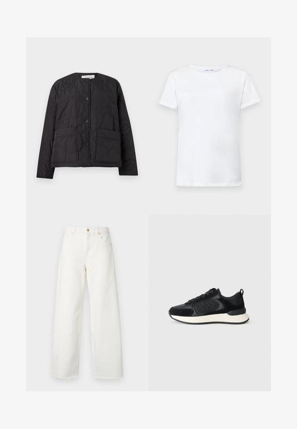 Giacca nera trapuntata con scollo rotondo, chiusura a bottoni a pressione e due tasche frontali. Presenta un motivo floreale testurizzato impresso sul tessuto.; T-shirt bianca a maniche corte in cotone con design a girocollo. Tessuto liscio e taglio dritto, senza motivi o accenti.; Jeans bianchi a gamba larga in denim. Presentano una chiusura con bottone, tasche frontali e una finitura pulita senza segni di usura o fantasie visibili.; Scarpa sportiva nera con tomaia in pelle liscia, dettagli in camoscio, punta rotonda e suola intermedia bianca a contrasto. Presenta chiusura con lacci e dettaglio del logo.
