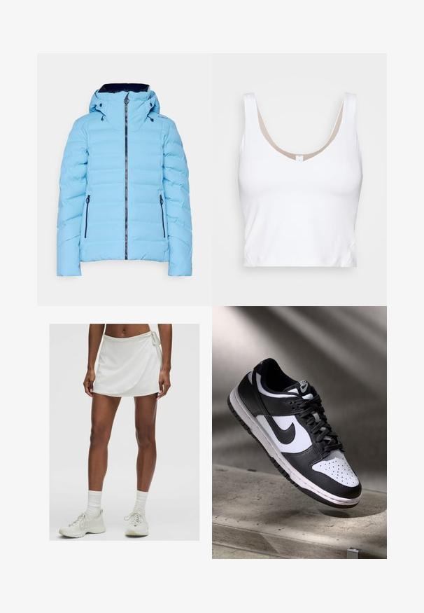 Lichtblauwe gewatteerde jas met een ritssluiting aan de voorkant, capuchon en marineblauwe accenten. Beschikt over zijzakken en geribbelde manchetten. Gladde, zachte textuur.; Witte crop top met een ronde hals en brede schouderbanden. Gemaakt van glad, rekbaar materiaal met een beige voeringaccent bij de halslijn.; Witte sportrok met een wikkelontwerp, gemaakt van gladde stof. Bevat een strik aan de zijkant en wordt gecombineerd met lichtgekleurde sneakers en sokken.; Zwart-witte Nike Dunk Low sneaker met een leren bovenwerk, geperforeerde neus, en zwarte veters, met een witte zool en logo-accenten.