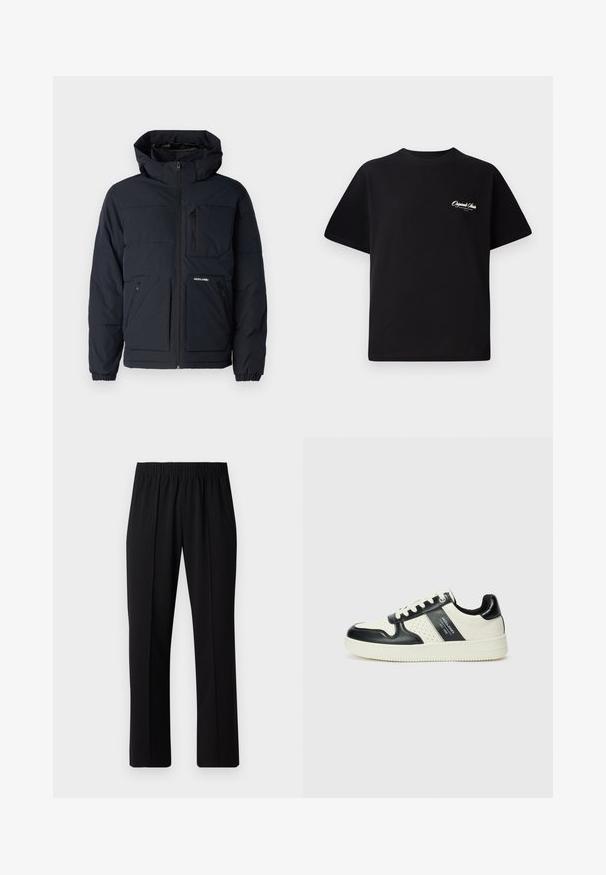 Laivyno spalvos pūkinė striukė su kapišonu, užtrauktuku priekyje, dviem šoninėms kišenėms ir krūtinės kišeniu. tekstūruota medžiaga su siuvinėtomis detalėmis.; Juodas medvilninis marškinėliai su apvalia kaklo linija, trumpomis rankovėmis ir mažais baltais logotipo raštais kairiajame krūtinės šone. Paprastas dizainas, klasikinio kirpimo.; Juodos, elastingos juosmens kelnės su tiesiomis kojomis, turinčios lygų paviršių ir be matomų raštų ar detalių.; Odiniai sportbačiai juodos ir kreminės spalvų schemoje, su perforuotais akcentais, paminkštinta apykakle ir tekstūruotu padu.