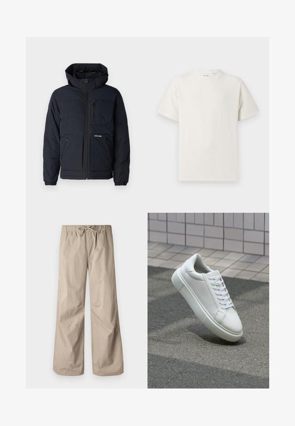 Chaqueta de plumas azul marino con capucha, cierre frontal con cremallera, dos bolsillos laterales y un bolsillo en el pecho. Tejido texturizado con detalles cosidos.; Camiseta blanca de manga corta en textura acanalada. Cuello redondo, corte relajado, sin patrones ni acentos visibles. Diseño simple y versátil.; Pantalones beige de pierna ancha con cintura elástica y cordón. Textura suave, dos bolsillos laterales y costuras mínimas para un ajuste relajado.; Zapatilla de cuero blanca con una superficie lisa, punta redonda y cordones blancos planos. Presenta una suela de goma texturizada y elementos de diseño mínimos.