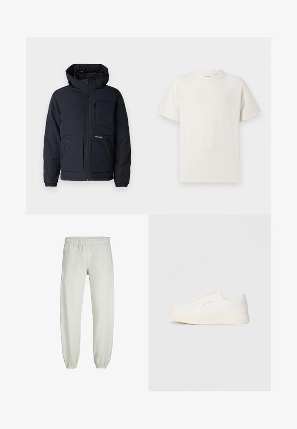 Námořnická pufovaná bunda s kapucí, zipovým předním zapínáním, dvěma bočními kapsami a jednou kapsou na hrudi. Texturovaná tkanina s prošitými detaily.; Bílý krátký rukáv tričko s pružnou strukturou. Kulatý výstřih, volný střih, bez viditelných vzorů nebo detailů. Jednoduchý a univerzální design.; Bílé tepláky vyrobené z měkkého materiálu, s elastickým pasem a manžetami, s hladkou texturou a volným střihem.; Bílé slip-on tenisky s texturovaným povrchem, silnou podešví a minimalistickým designem. Na boku je umístěno logo značky.
