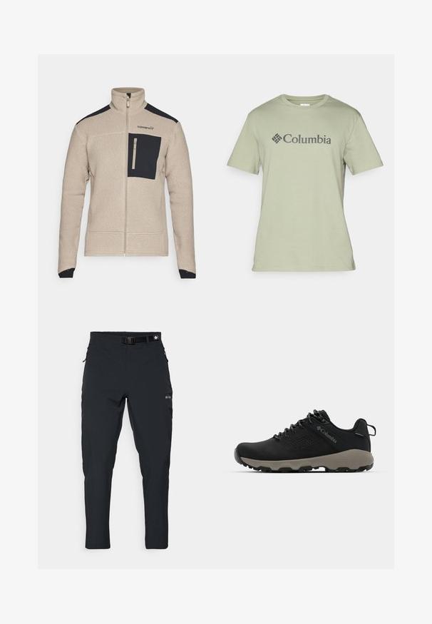 Norrøna TROLLVEGGEN JACKET - Fliisjakk - winter twig; Hele roheline puuvillane T-särk, millel on ümar kaelus, lühikesed varrukad ja tumashall "Columbia" logo ees. Sile tekstuur.; Columbia ESSENTIAL HIKE™ PANT - Õuepüksid - black; Mustad matkajalanõud musta ülemise osaga, sileda pinnaga, perforatsiooni disainiga, hallal väljal ja tugevdatud kontsaga. Omab paelu ja tõmbetaba lihtsaks selga panemiseks.
