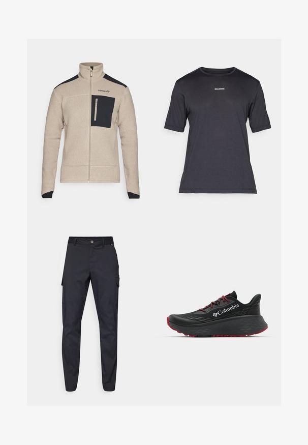 Norrøna TROLLVEGGEN JACKET - Jakna od flisa - winter twig; Crna kratkotrajna majica za performanse s kratkim rukavima, napravljena od prozračnog materijala, s okruglim izrezom i malim bijelim logotipom "SALOMON" na prsima.; Mornarske cargo hlače izrađene od izdržljivog materijala, s gumbom za zatvaranje, pet džepova i suženim nogavicama s laganom teksturom.; Crne sportske cipele s teksturiranim gornjim dijelom, crvenim vezicama i logom. Debeli đon s uzorkom za prianjanje. Minimalistički dizajn, bočni prikaz.