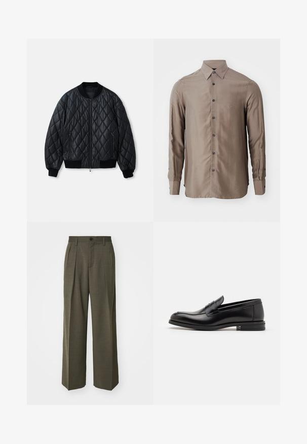 Black quilted bomber jacket with a round neckline, front zipper, and ribbed knit cuffs and hem. Made from smooth, lightweight material.; Long-sleeve shirt in a taupe color, made of smooth fabric, featuring a button-up front and dark buttons, with a small logo on the chest.; Filippa K WIDE TROUSERS - Trousers - driftwood; Black leather loafers with a smooth texture, rounded toe, and a decorative strap across the vamp. Low stacked heel, minimalist design.