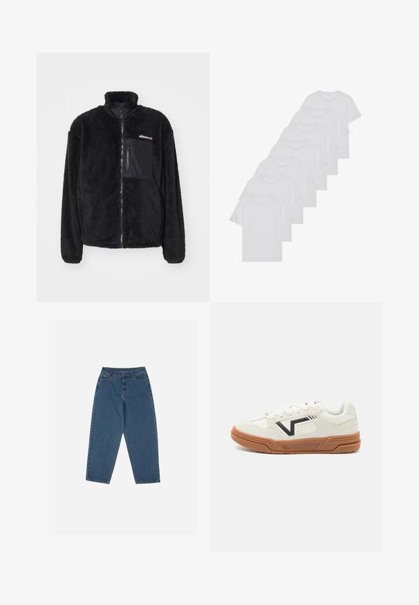 Ellesse CERVACOL - Jakna od flisa - black; Bijele pamučne majice, kratki rukavi, dizajn s okruglim izrezom, jednostavne teksture, složene u red, s suptilnim brendiranjem na izrezu.; Plave traperice s opuštenim krojem, visokim strukom, dizajnom s pet džepova i naglašenim šavovima. Imaju kopčanje na gumb i patentni zatvarač.; Bijele atletske tenisice sa teksturom od antilopa, s crnim detaljem logotipa, gumenenim potplatom i ravnim vezicama. Čist, moderan dizajn.