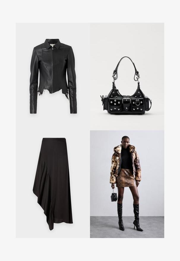 Black cropped leather jacket with a collar, zip front, and a single chest pocket; features frayed hem and seam detailing. Smooth texture.; White long-sleeve collared shirt made of cotton. Features a button-down front and a single chest pocket. Smooth texture, relaxed fit.; AERON ASTER SKIRT - Pencil skirt - black; Puffer jacket with a brown and black pattern, paired with a brown snake print mini skirt, black knee-high boots, and a small black bag.; Black leather handbag with a curved design, featuring silver studs, a buckle, and two side pockets. Adjustable strap for carrying options.