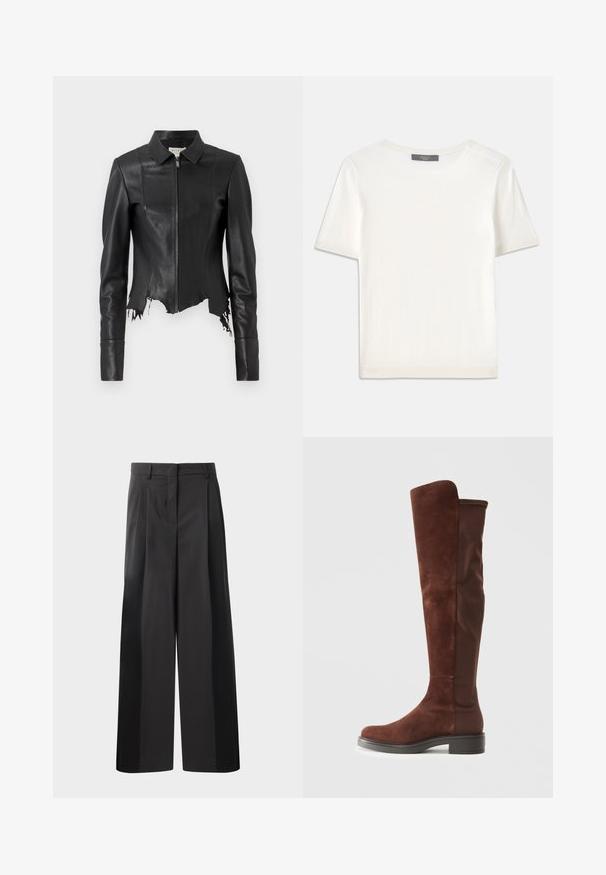 Melnā īsā ādas jaka ar apkakli, ar rāvējslēdzēju priekšā un vienu krūšu kabatu; ar saplēsto apakšmalu un vīļu detalizāciju. Gluda tekstūra.; Balta īsām piedurknēm adīta blūze ar apaļu kakla izgriezumu, kurai ir gluda tekstūra un smalki riboti akcenti pie piedurknēm un apakšmalas.; Melni platajā kājās bikses ar augsto jostasvietu, kas ar priekšējiem krokām, gludu tekstūru un pielāgotu apdari. Veidotas relaksētai piegrieztei.; Augstas brūnas zamšā un audumā izgatavotas zābakus ar zemu melnu papēdi un noapaļotu purngalu, attēlotas sānos uz vienkrāsu baltā fona.