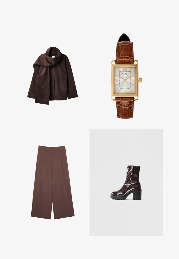 Hnedý kabát z vlnenej zmesi so širokým šálovým golierom a otvoreným predným dizajnom. Mäkká textura, voľný strih a bez viditeľných zapínaní.; Čierny pletený sveter s dlhými rukávmi, vycpanými ramenami a rebrovanými nápletmi a spodným okrajom, zobrazený na bielom pozadí.; Hnedé nohavice so širokými nohavicami a hladkou textúrou, s vysokým pásom a prednými skladmi. Tkanina je ľahká a voľne sa pohybuje.; Lesklé burgundské kotníkové boty s robustním černým podpatkem, s hladkou strukturou a jednoduchým designem. Bez viditelných zapínání nebo vzorů.; Casio quartz hodinky s obdĺžnikovým zlatým puzdrom, bielym ciferníkom, zlatými hodinovými značkami a hnedým koženým remienkom s krokodílim vzorom. Vodotesné.