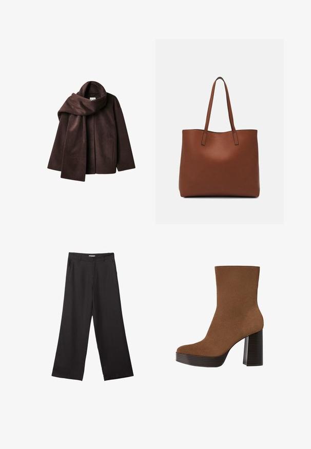 Brązowa kurtka z mieszanki wełny z szerokim kołnierzem w kształcie szalika i otwartym przodem. Miękka faktura, luźny krój i brak widocznych zapięć.; Ciemnobrązowy sweter dzianinowy z okrągłym dekoltem, opuszczonymi ramionami, ściągaczami przy mankietach i u dołu, o miękkiej teksturze i luźnym kroju.; Czarne spodnie z szerokimi nogawkami, wykonane z gładkiego materiału, z przednim zamkiem błyskawicznym i dwoma bocznymi kieszeniami, o dopasowanym kroju i minimalistycznym wzornictwie.; Brązowe zamszowe botki sięgające kostki z zaokrąglonym noskiem, masywnym czarnym paskiem na obcasie i gładką powierzchnią. Charakteryzują się dopasowanym krojem bez widocznych elementów metalowych.; Brązowa skórzana torba tote o gładkiej fakturze, z otwartym wierzchem i dwoma ramiączkami. Charakteryzuje się minimalnym przeszyciem i brakiem widocznych elementów metalowych.