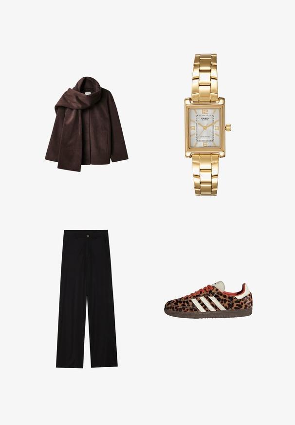 Braune Wollmischjacke mit breitem Schalkragen und offenem Design. Weicher Stoff, lockere Passform und keine sichtbaren Verschlüsse.; Schwarz langärmliges Shirt mit weitem Ausschnitt, aus weichem Stoff gefertigt, mit einer taillierten Passform und minimalen Nähten.; Schwarz weit geschnittene Hose aus einem glatten Stoff, mit frontalen Taschen und einem Knopfverschluss an der Taille. Minimalistisches Design ohne Muster.; Sneaker im Leopardenmuster aus Wildleder mit roten Schnürsenkeln und drei weißen Streifen an der Seite. Sie haben eine cremefarbene Zunge und eine braune Sohle.; Goldfarbene rechteckige Armbanduhr mit Zifferblatt in Weiß, silbernen Stundenmarkierungen und einem strapazierfähigen Metallarmband. Wasserfest.