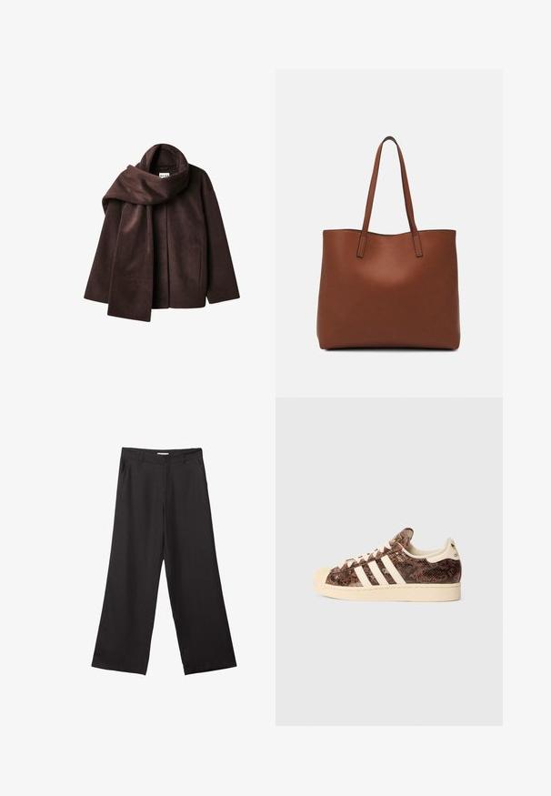 Ruskea villasekoitekavu, jossa on leveä huivikaulus ja avonainen etuosa. Pehmeä rakenne, rento istuvuus ja ei näkyviä kiinnityksiä.; Ruskea ribbipintainen lyhythihainen paita, jossa on hieman kaareva helma. Pehmeä rakenne ja rento istuvuus, jossa on pyöreä pääntie ja vähäiset saumat.; Mustat leveälahkeiset housut, jotka on valmistettu sileästä kankaasta. Niissä on edessä vetoketju ja kaksi sivutaskua, ja niiden muotoilu on räätälöity ja minimalistinen.; Sneaker kuviollaan ruskeasta käärmeennahasta, jossa on valkoisia raitoja ja kermaisia yksityiskohtia. Varustettu pyöreällä varvastyynyllä, teksturoidulla päällä ja pehmeällä sisävuorauksella.; Ruskea nahkainen olkalaukku, jossa on sileä pinta, avoin yläosa ja kaksi olkahihnaa. Omaavat vain minimaalisen ompelun eikä näkyvää metalliosaa.