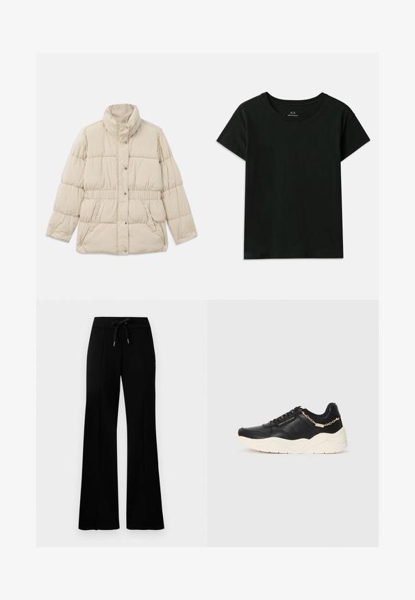 Beige polstret jakke med høy krage, trykknapplukking, elastisk midje og to sidelommer. Glatt tekstur med quiltedesign.; Svart kortermet T-skjorte laget av bomull. Har rund hals og preget "Armani Exchange"-tekst langs skulderen. Enkel design.; Svart vid bukse med snøring i midjen, sidelommer, myk stoff og et elegant design.; Svarte lærersneakers med en kraftig kremfarget såle, gullfarget kjedeaccent og svarte snøring. Glatt tekstur med preget merkevare på siden.